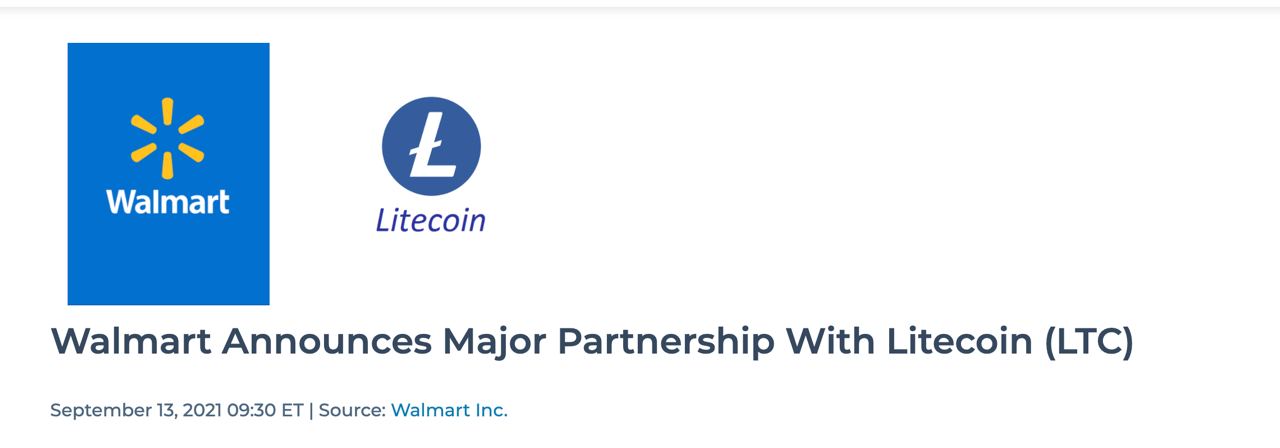 Все началось в понедельник 13 сентября когда в сети появилась новость о том, что крупнейшая в США розничная сеть Walmart объявила о партнерстве с Litecoin.